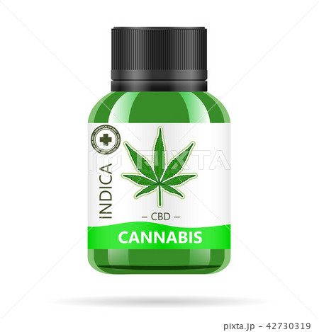 Realistic green glass bottle with cannabis. Mock up of hemp oil extracts, tablets or capsules in Realistic green glass bottle with cannabis. Mock up of hemp oil extracts, tablets or capsules in 42730319