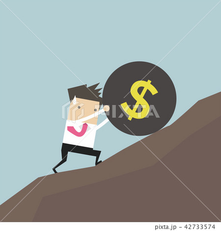 Businessman pushing dollar burden ball up hill. 42733574