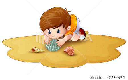 Cartoon Little Boy With Seashells In A Sandのイラスト素材