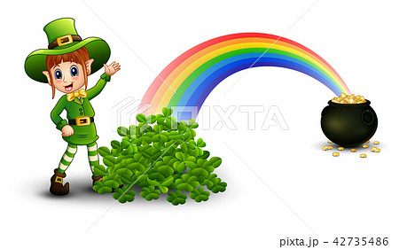 Cartoon girl leprechaun standing near the rainbow Cartoon girl leprechaun standing near the rainbow 42735486