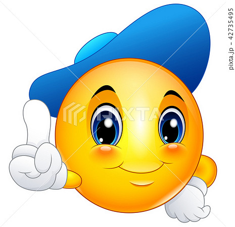 Cartoon emoticon smiley wearing a cap and pointing Cartoon emoticon smiley wearing a cap and pointing 42735495