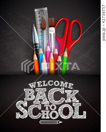 Back to school design with colorful pencil, pen and typography lettering on black chalkboard 42739757