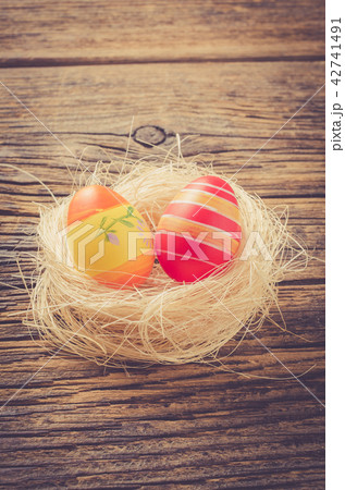 Easter eggs on wooden table Easter eggs on wooden table 42741491