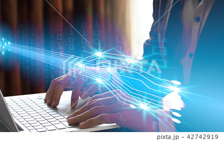 Double exposure of Businessman hand use laptop 42742919