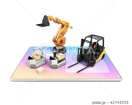 デジタルタブレットの上にある産業ロボット Agv フォークリフトのイメージ 工場自動化のコンセプトのイラスト素材