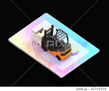デジタルタブレットの上にある電動フォークリフトのアイソメイメージ 工場自動化のコンセプトのイラスト素材