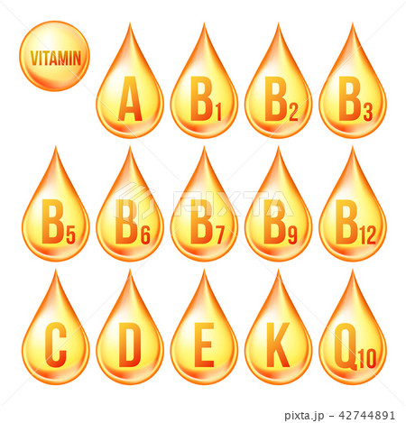 Vitamin Icons Set Vector. Organic Vitamin Gold Drop Icon. Droplet, Golden Substance. 3D Complex With 42744891
