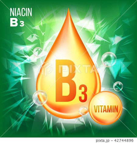 Vitamin B3 Niacin Vector. Gold Oil Drop Icon. Organic Gold Droplet Icon. Medicine Liquid, Golden 42744896