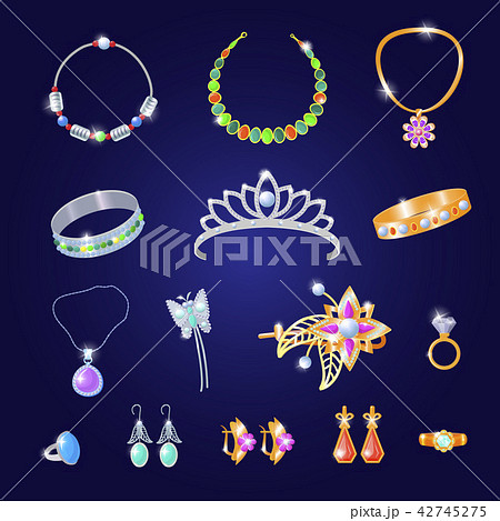 Jewelry vector jewellery gold bracelet or necklace and earrings set of silver rings with diamonds 42745275