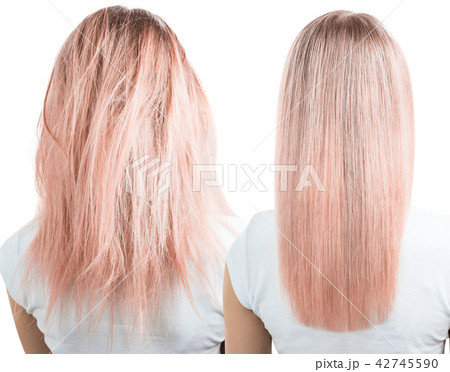 Blonde hair before and after treatment. 42745590