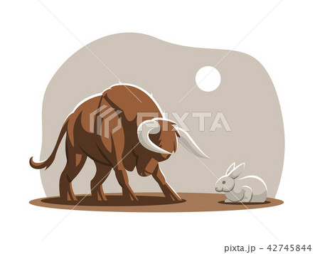 A young bull, a calf is attacking a rabbit. A young bull, a calf is attacking a rabbit. 42745844