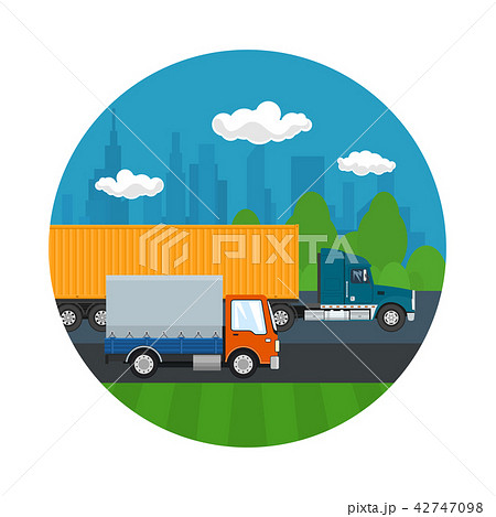 trucks are driving along the road 42747098