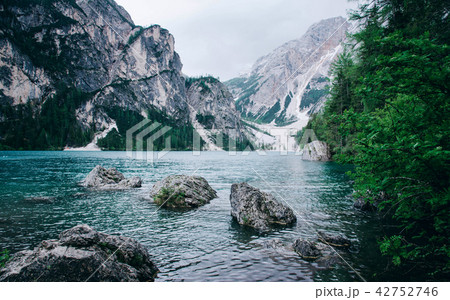 Beautiful view of Lago di Braies or Pragser wildsee, Italy. Beautiful view of Lago di Braies or Pragser wildsee, Italy. 42752746
