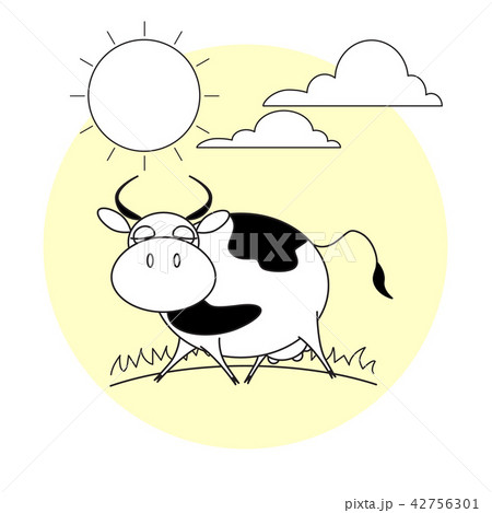 Cute running cow. Grass, sun and clouds. 42756301