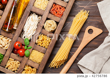 Various pasta in wooden box Various pasta in wooden box 42756786