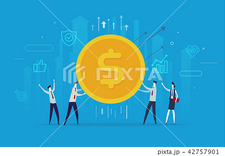 Businessmen team hold a huge dollar coin 42757901