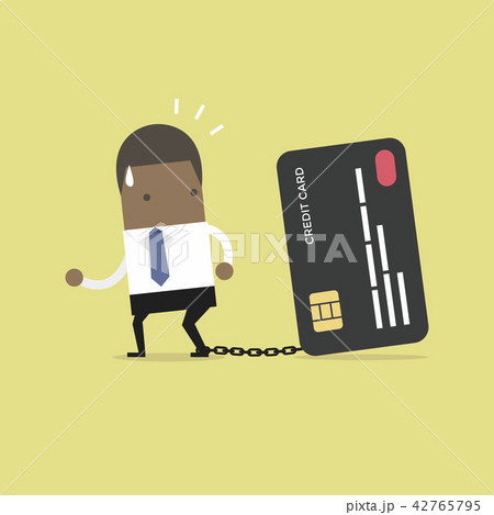 Businessman with foot chained to bank credit card. Businessman with foot chained to bank credit card. 42765795