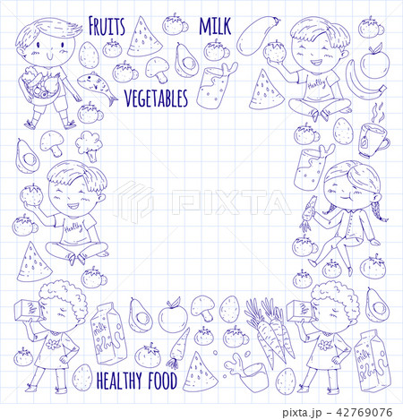 Healthy food for children. Kindergarten, school kids eating watermelon, eggplant, fish, tomato Healthy food for children. Kindergarten, school kids eating watermelon, eggplant, fish, tomato 42769076
