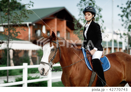 Rider elegant woman riding her horse outside Rider elegant woman riding her horse outside 42770743