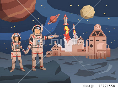 Pair of astronauts observing alien planet with space colony and launching starships on the Pair of astronauts observing alien planet with space colony and launching starships on the 42771550