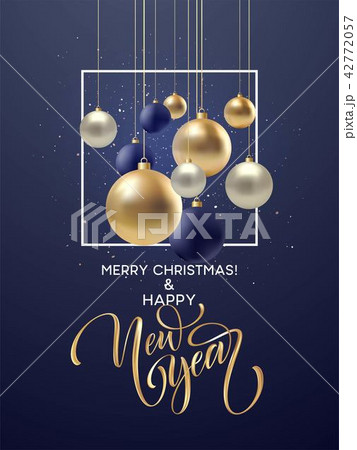 Christmas and New Year greeting card, design of xmas black, silvr, gold bauble with golden glitter 42772057