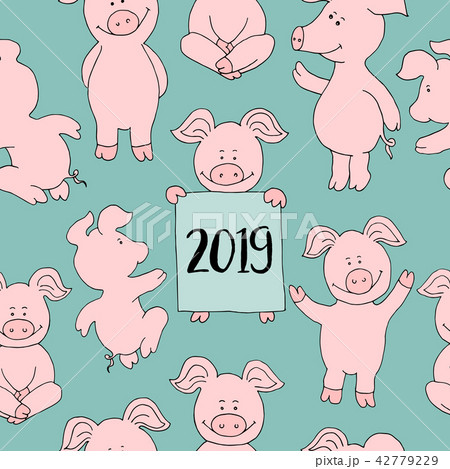 Seamless pig collection set. banner happy new year greeting card 42779229