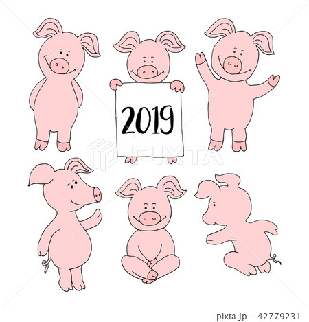 Pig collection set. Set banner happy new year greeting card. Cut 42779231