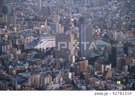 日本の東京都市景観　江戸東京博物館など、街並みを望む 42781314