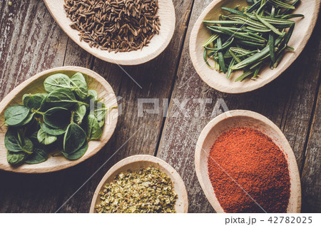 Aromatic herbs and spices on wooden spoons 42782025