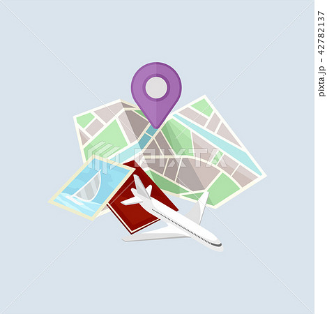 Paper city map, postcard, notebook and airplane. Tourism and travel theme. Flat vector for promo Paper city map, postcard, notebook and airplane. Tourism and travel theme. Flat vector for promo 42782137
