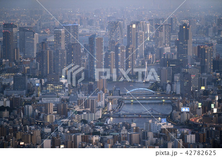 日本の東京都市景観 隅田川やリバーシティ21などを望む(夜景〉 日本の東京都市景観 隅田川やリバーシティ21などを望む(夜景〉 42782625