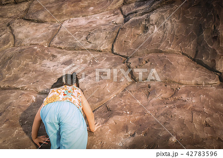 Little Girl is climbing a cliff. 42783596