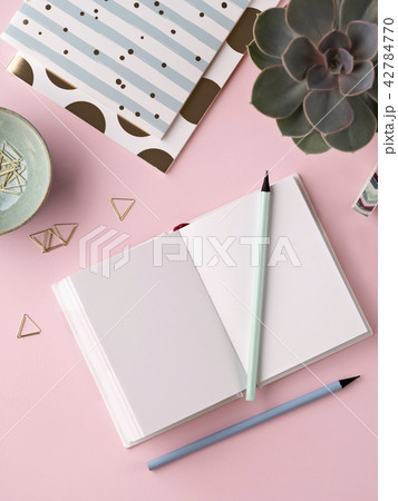 Arrangement of notepads and clips on pink. 42784770