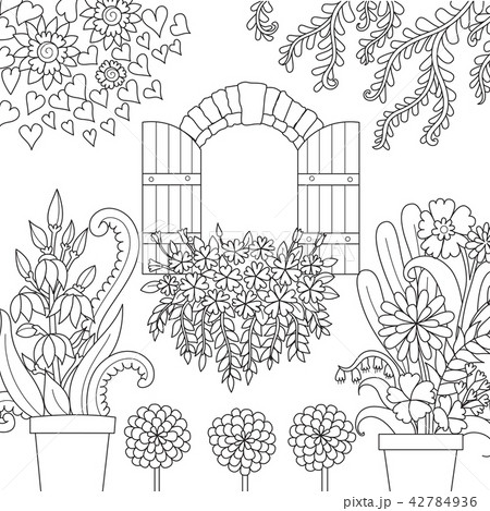 Window and beautiful garden for coloring book page 42784936