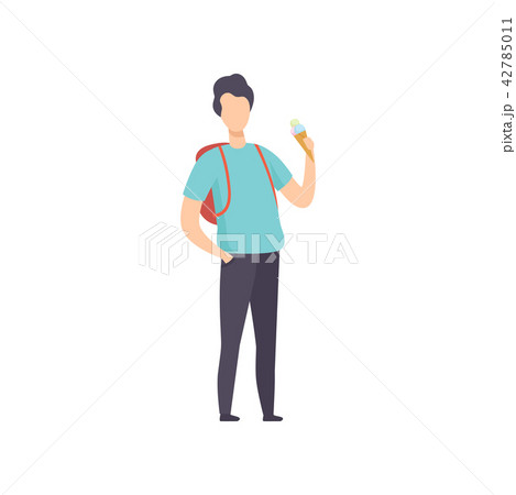 Young man eating ice cream in wafer cone, guy enjoying eating of frozen summer dessert vector Young man eating ice cream in wafer cone, guy enjoying eating of frozen summer dessert vector 42785011