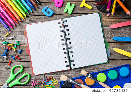 School supplies or accessories on an old table School supplies or accessories on an old table 42785486