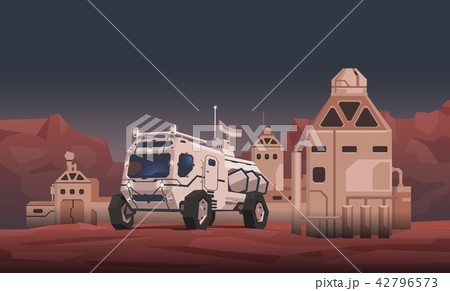 Mars rover vehicle and space colony on extraterrestrial landscape background. Space travelling 42796573