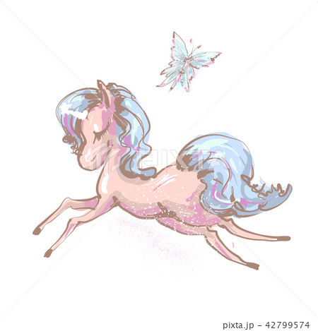 Beautiful little unicorn flying with butterfly vector illustration print Beautiful little unicorn flying with butterfly vector illustration print 42799574