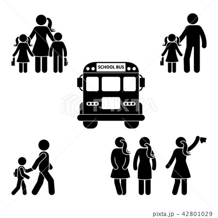 Parents and children going to school stick figure 42801029