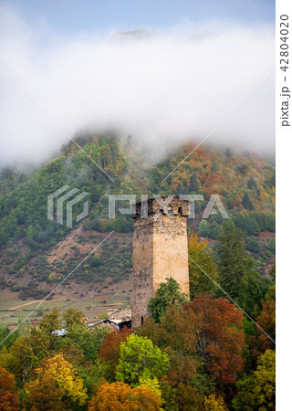 Old stone tower in the Georgian town of Mestia 42804020