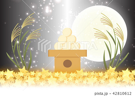 和風背景素材 お月見 十五夜 秋 満月 日本の伝統行事 すすき 月夜 中秋の名月 かぐや姫 竹取物語のイラスト素材