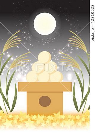 和風背景素材 お月見 十五夜 秋 満月 日本の伝統行事 すすき 月夜 中秋の名月 かぐや姫 竹取物語のイラスト素材