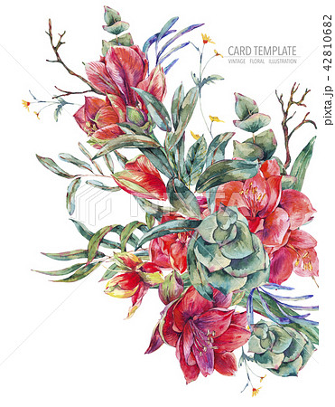 Watercolor Floral Template Card Of Red Flowers のイラスト素材