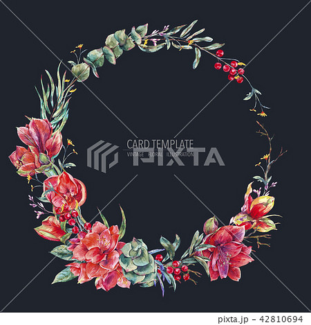 Watercolor floral wreath of red flowers Amaryllis 42810694