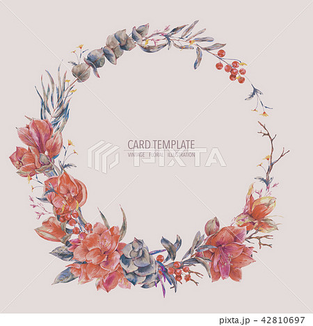 Watercolor floral wreath of red flowers Amaryllis Watercolor floral wreath of red flowers Amaryllis 42810697