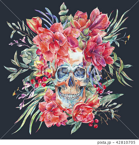Watercolor skull with red flower Amaryllis, green tropical leaves 42810705