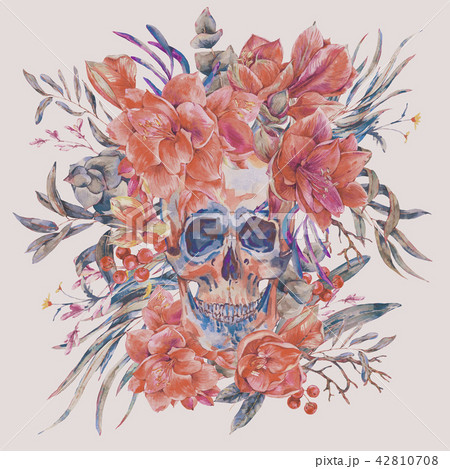 Watercolor skull with red flower Amaryllis, green tropical leaves 42810708