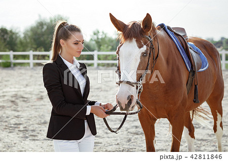 Rider elegant woman riding her horse outside Rider elegant woman riding her horse outside 42811846