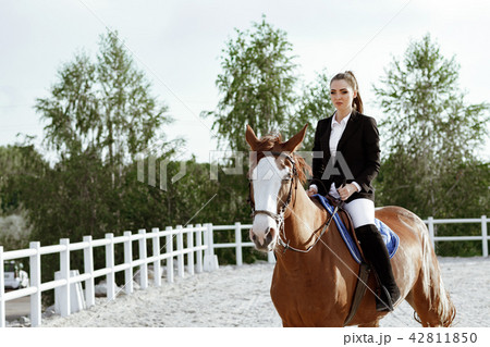 Rider elegant woman riding her horse outside 42811850