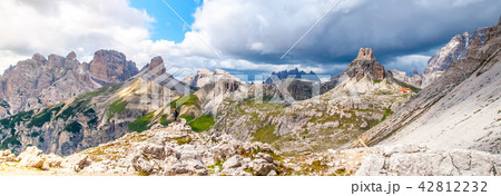 Tre Cime Hut, aka Dreizinnenhutte or Rifugion Antonio Locatelli with Torre di Toblin, aka Toblinge 42812232